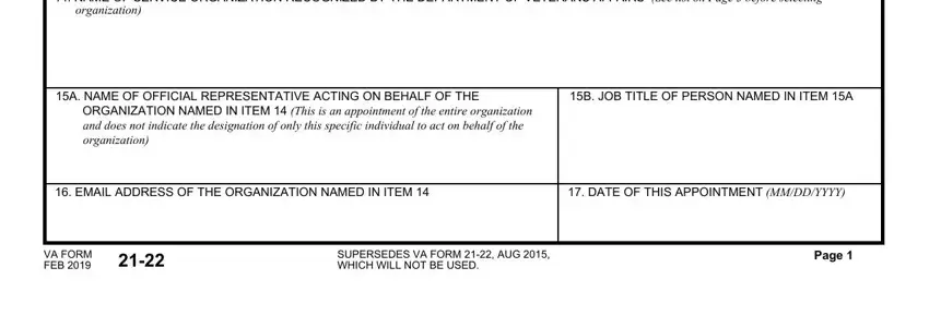 A NAME OF OFFICIAL REPRESENTATIVE, DATE OF THIS APPOINTMENT MMDDYYYY, and EMAIL ADDRESS OF THE ORGANIZATION inside va 21 22 form