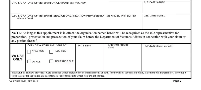 DATE SENT, ACKNOWLEDGED Date, and B DATE SIGNED of va 21 22 form