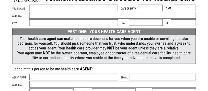 Stage no. 1 of completing vermont advance directive for health care