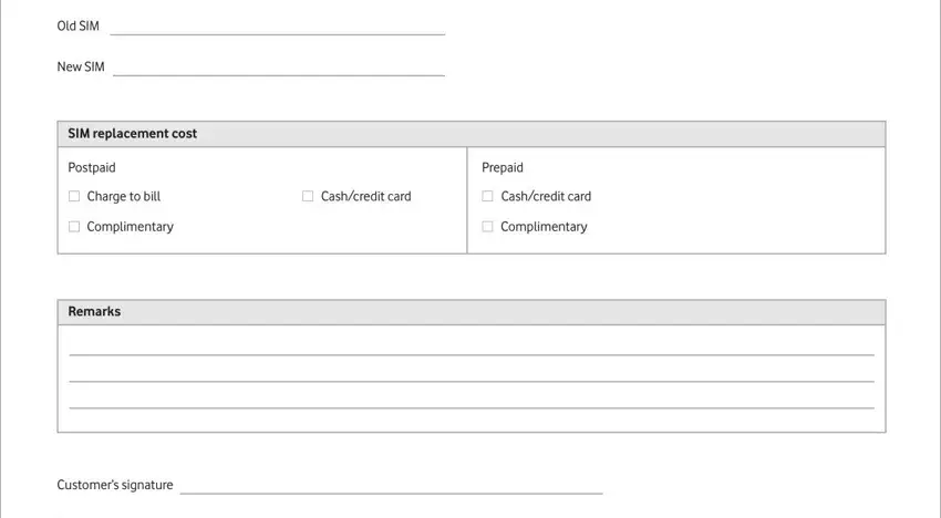 Remarks, Customers signature, and Postpaid inside vodafone sim replacement online india
