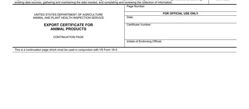 EXPORT CERTIFICATE FOR, Certificate Number Initials of, and CONTINUATION PAGE of vs 16 4