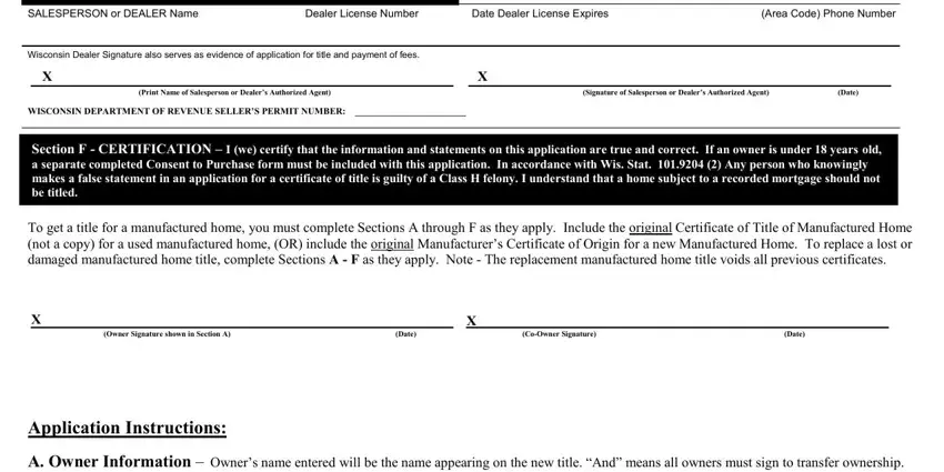 Area Code Phone Number, A Owner Information  Owners name, and Print Name of Salesperson or of Wisconsin Sbd 10687 Form