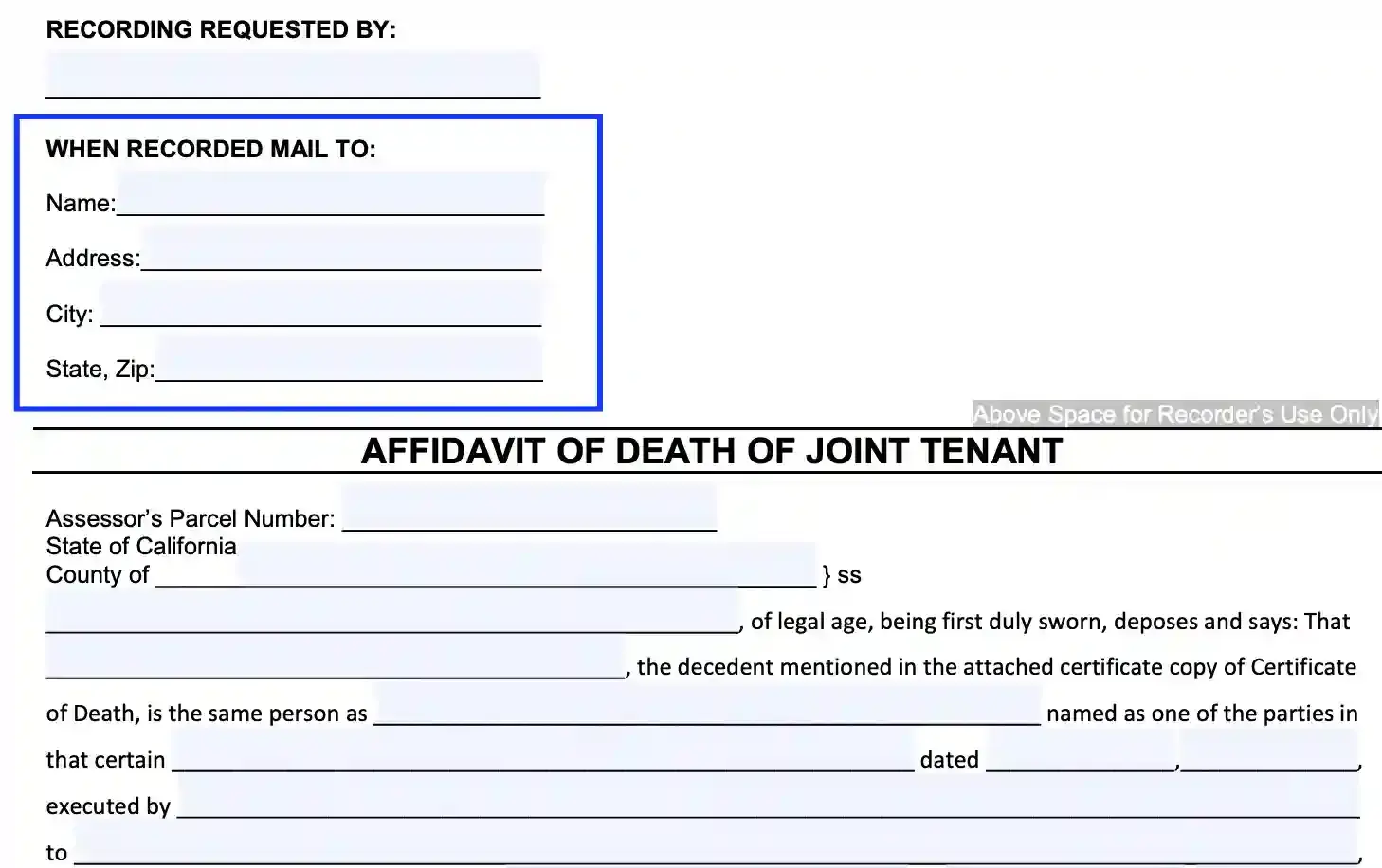 step 2 determine the return address filling out a california death of a joint tenant affidavit form