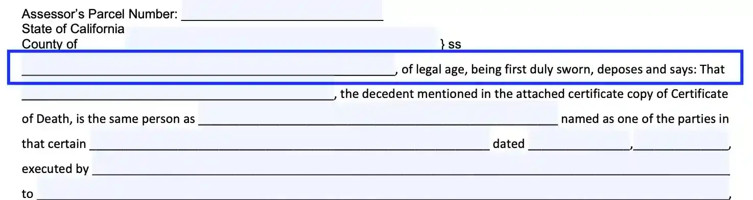 step 5 define the signatory filling out a california death of a joint tenant affidavit form
