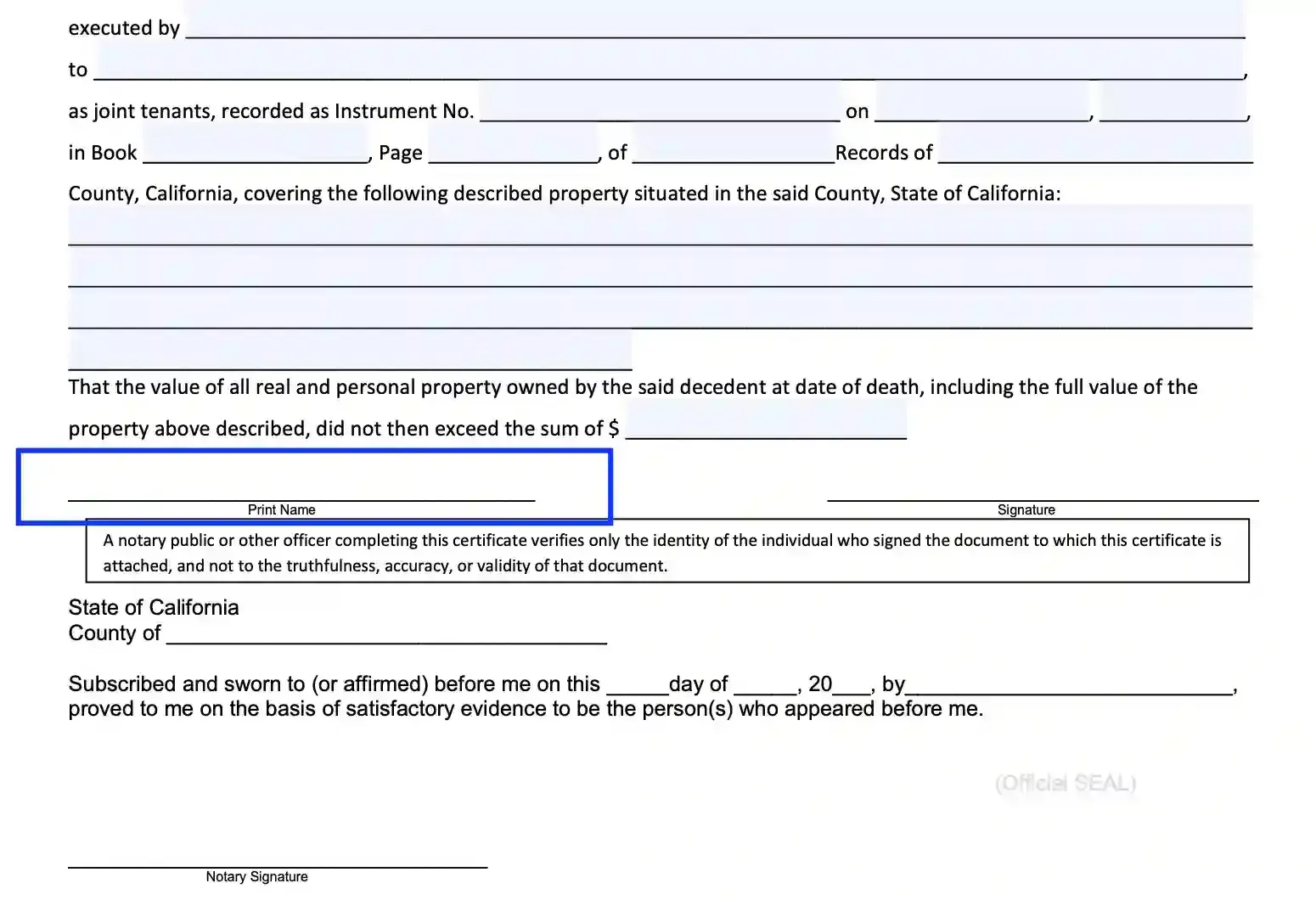 step 11 describe the premises filling out a california death of a joint tenant affidavit form