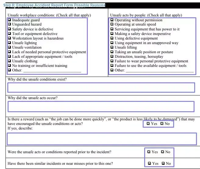 Step 8 to filling out an employee accident report template possible reasons