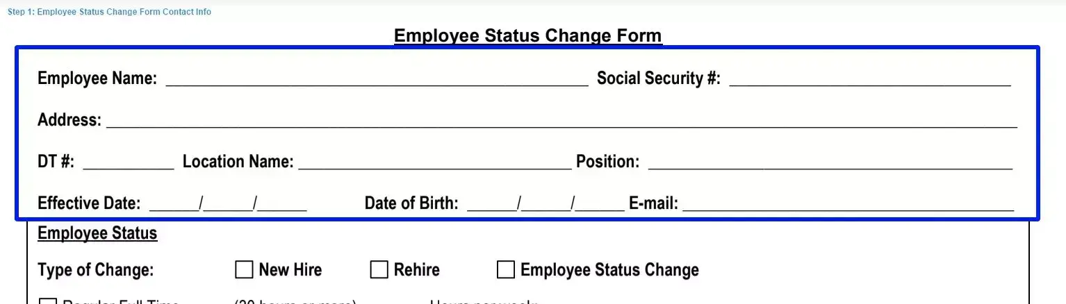 Step 1 to filling out an employee status change form contact info