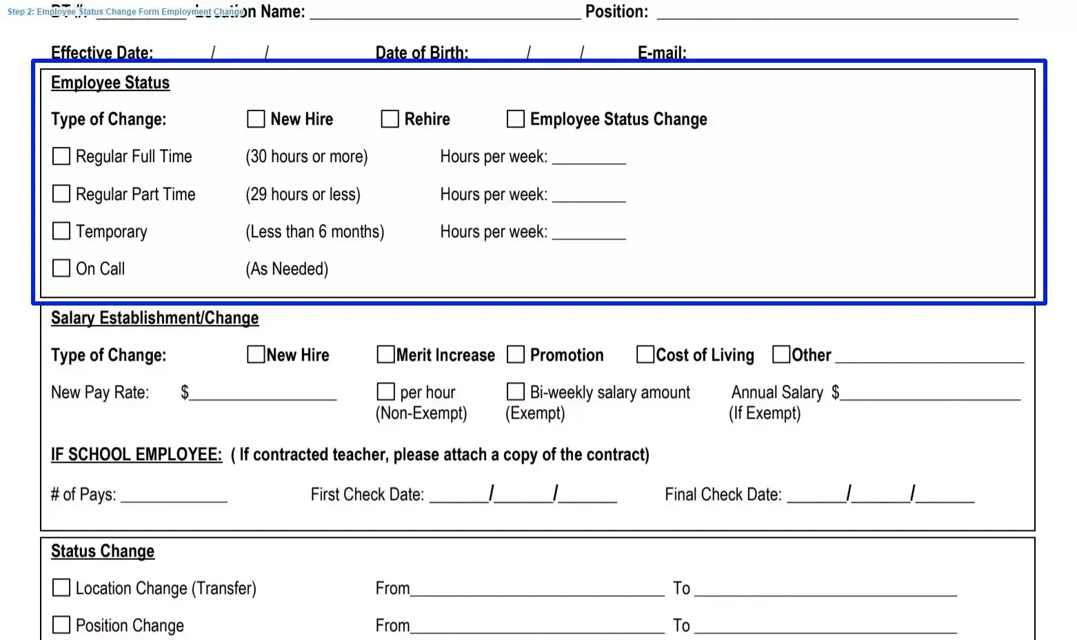 Step 2 to filling out an employee status change template employment change