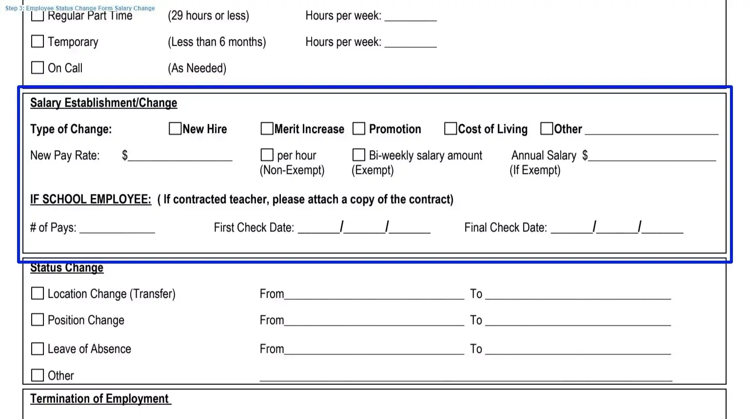 Step 3 to filling out an employee status change sample salary change
