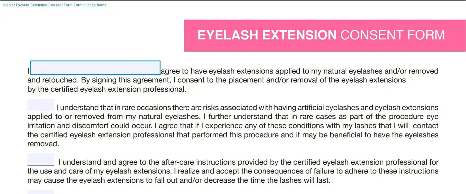Step 1 to filling out an eyelash extension consent form client's name