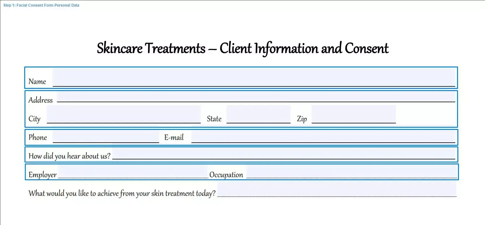 Step 1 to filling out a facial consent form personal data