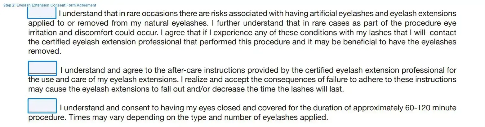 Step 2 to filling out an eyelash extension consent sample agreement