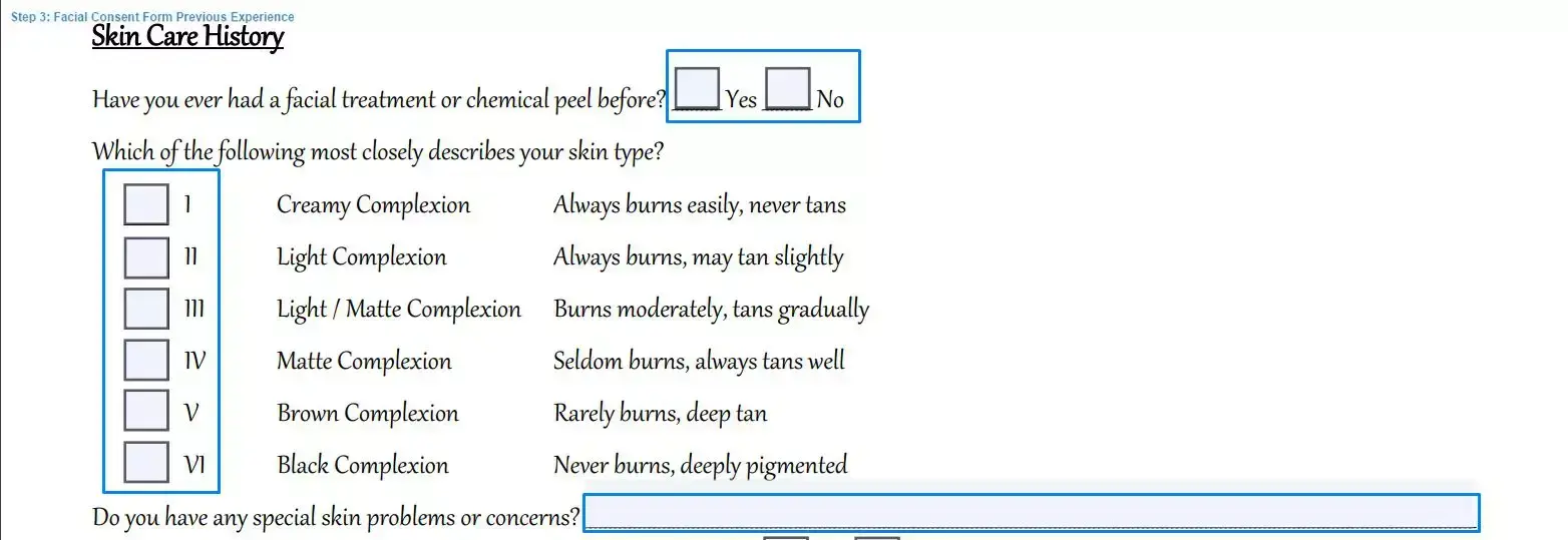 Step 3 to filling out a facial consent sample previous experience