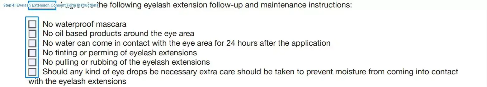 Step 4 to filling out an eyelash extension consent form instructions