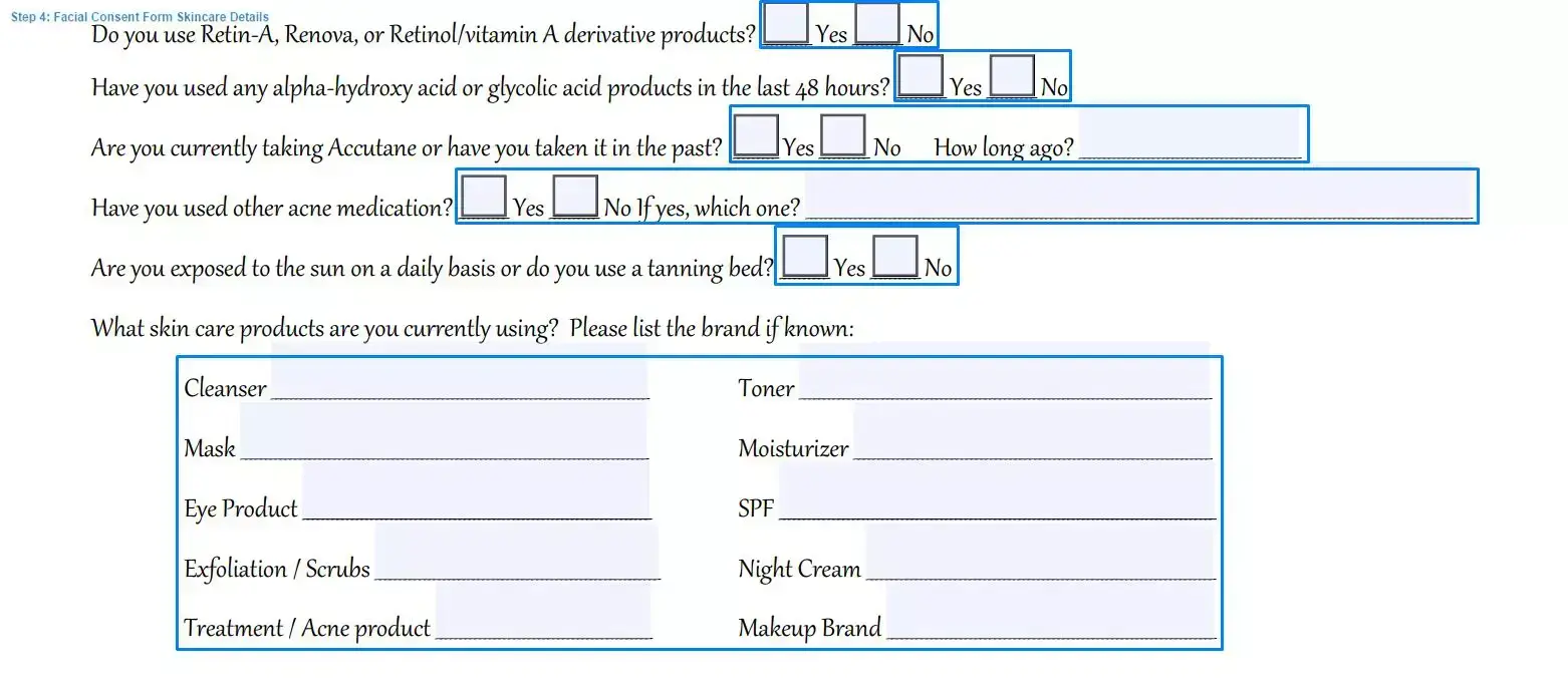 Step 4 to filling out a facial consent example skincare details