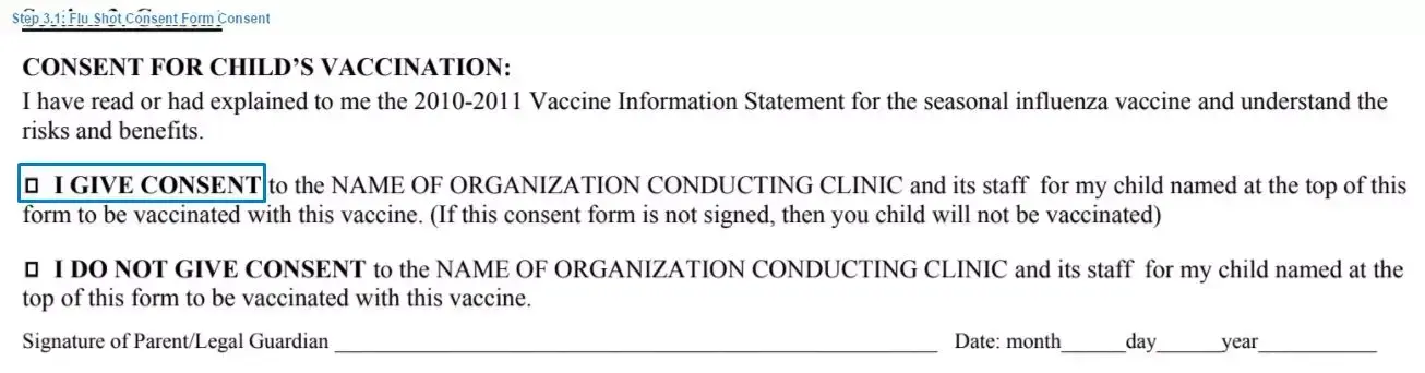 Step 3.1 to filling out a flu shot consent form consent