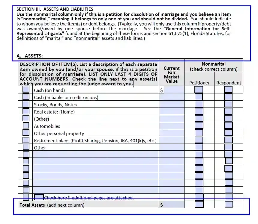 step 7.1 determine non divided property, if any filling out a florida financial affidavit short form