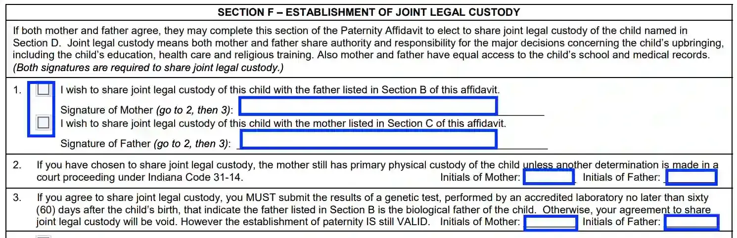 step 11.1 make your decision on joint custody filling out an indiana paternity affidavit (form 44780)