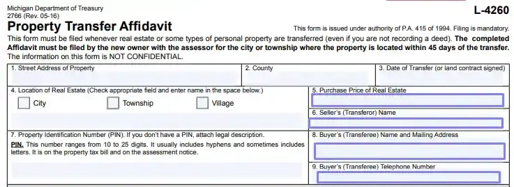 step 2 add details about the property and parties filling out a michigan property transfer affidavit (form l 4260)