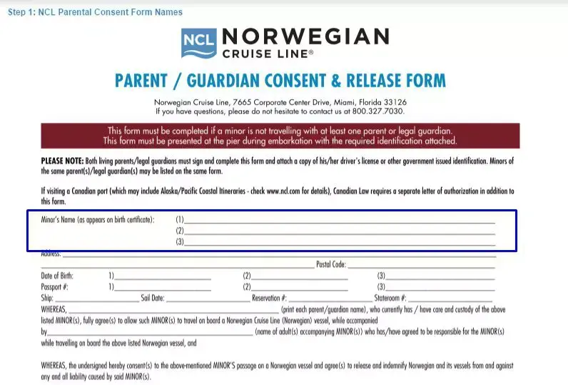 Step 1 to filling out a ncl parental consent form names