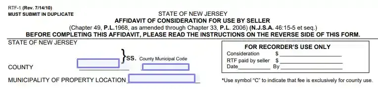 step 1 insert your county and its code filling out a new jersey affidavit of consideration (form rtf 1)