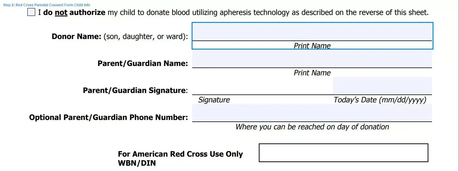Step 2 to filling out a red cross parental consent template child info