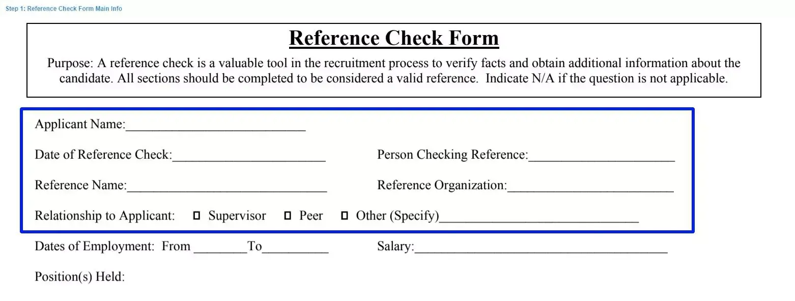 Step 1 to filling out a reference check form main info