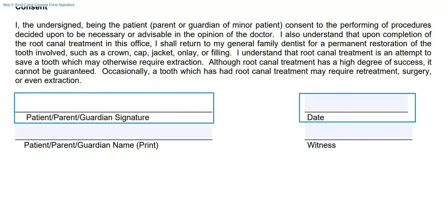 Step 1 to filling out a root canal consent form signature