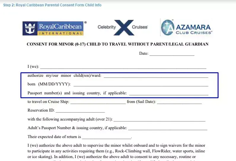 Step 2 to filling out a royal caribbean parental consent template child info