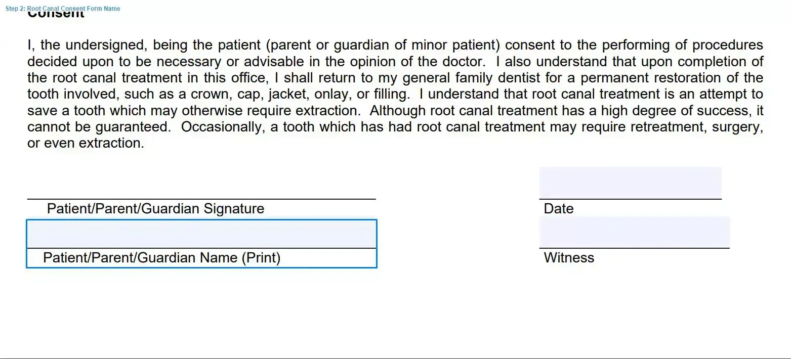 Step 2 to filling out a root canal consent sample name