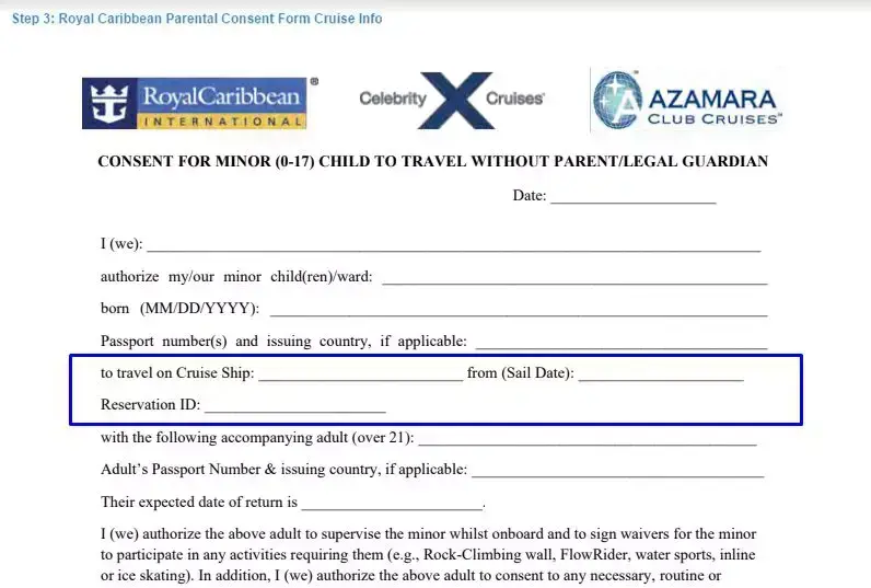 Step 3 to filling out a royal caribbean parental consent sample cruise info