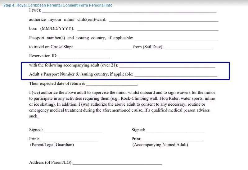 Step 4 to filling out a royal caribbean parental consent form personal info
