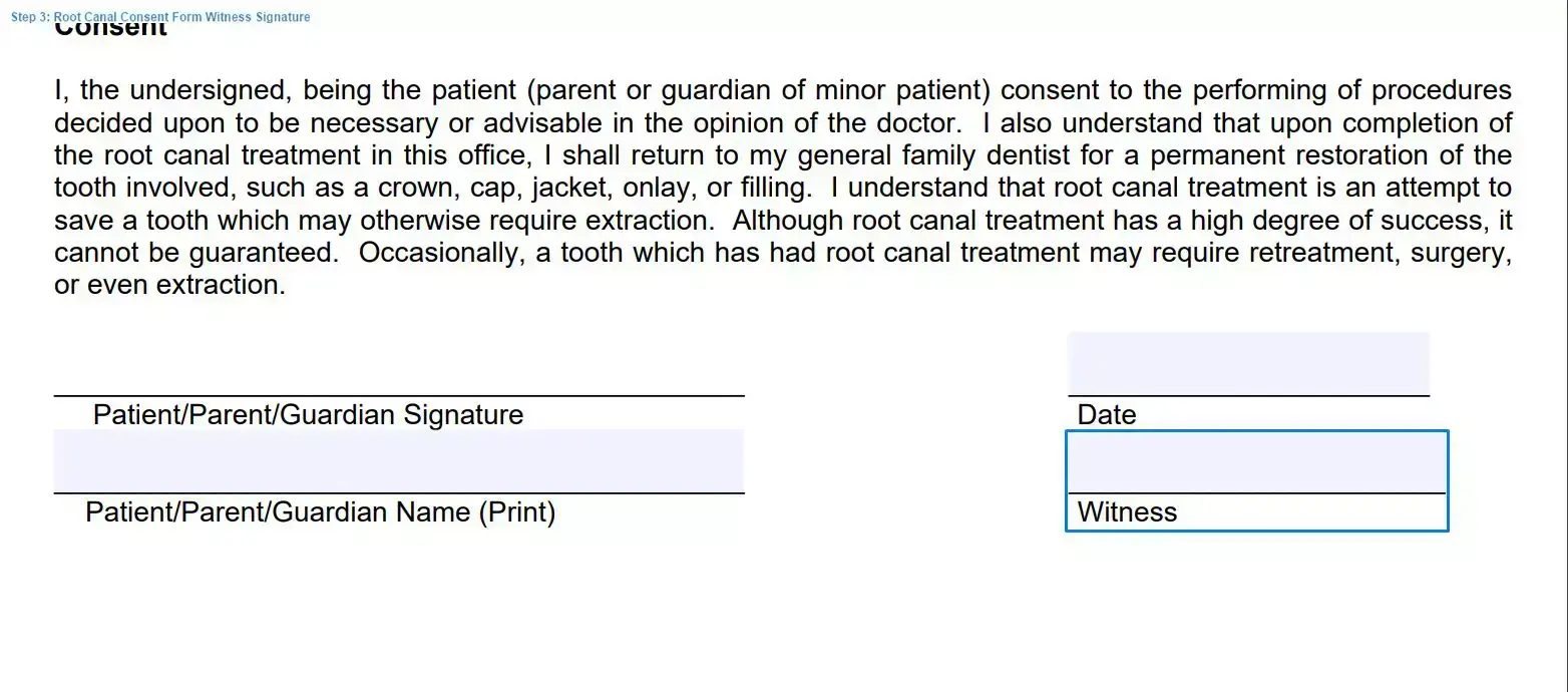 Step 3 to filling out a root canal consent template witness signature