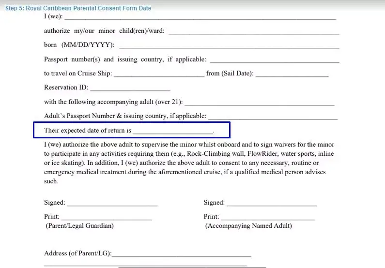 Step 5 to filling out a royal caribbean parental consent example date