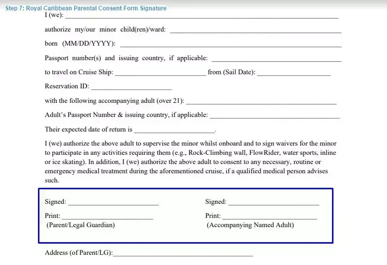 Step 7 to filling out a royal caribbean parental consent form signature
