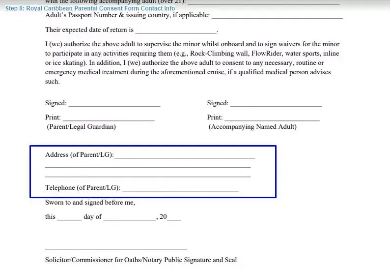 Step 8 to filling out a royal caribbean parental consent template contact info