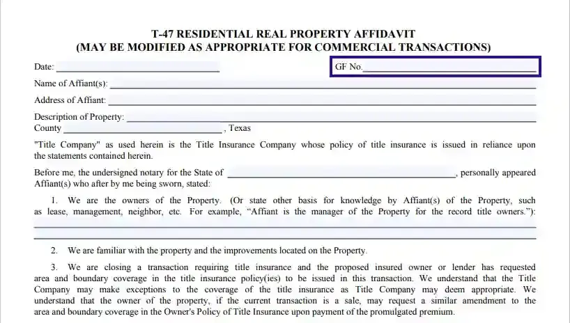 step 1.2 put the date and file number filling out a texas residential real property affidavit (form t 47)