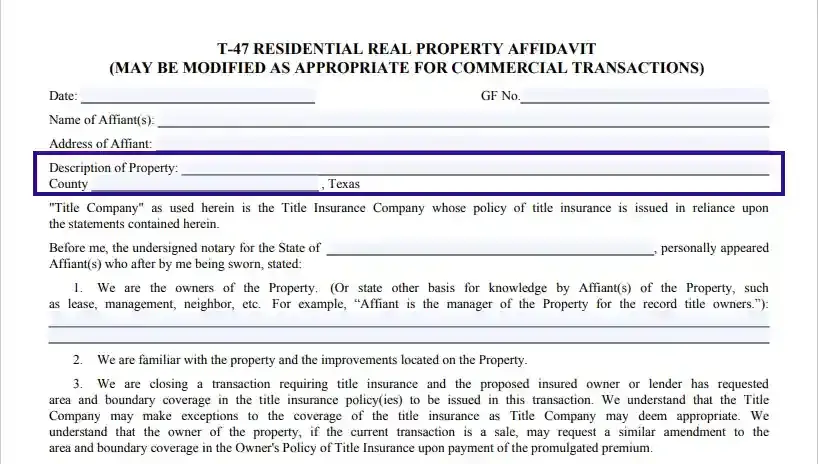 step 4 describe the property and its location filling out a texas residential real property affidavit (form t 47)