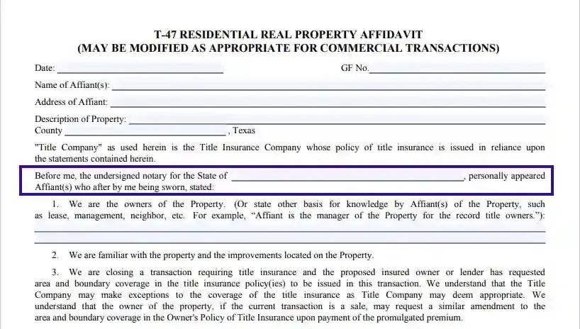 step 5 identify the notary public filling out a texas residential real property affidavit (form t 47)