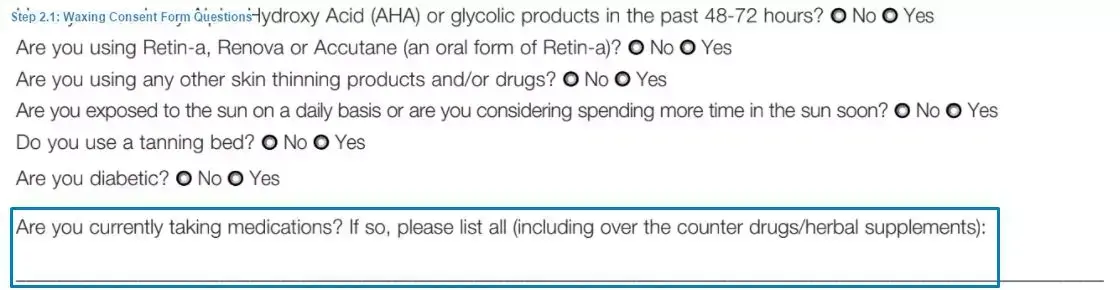 Step 2.1 to filling out a waxing consent form questions