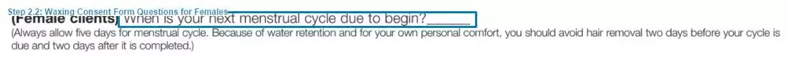 Step 2.2 to filling out a waxing consent template questions for females