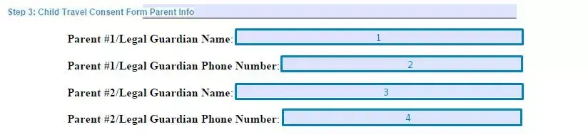 Step 3 to filling out a child travel consent form parent info