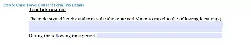 Step 5 to filling out a child travel consent template trip details