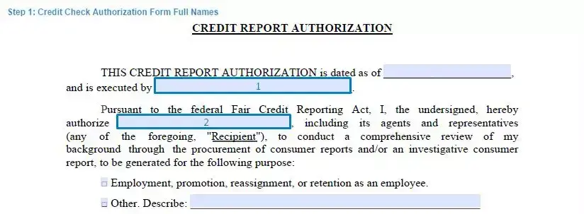 Step 1 to filling out a credit check authorization form full names