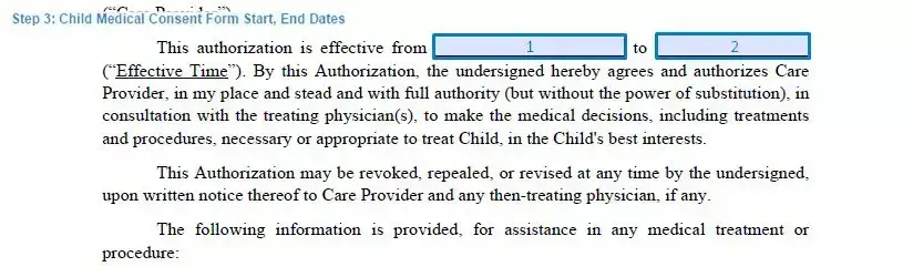 Step 3 to filling out a child medical consent form start, end dates
