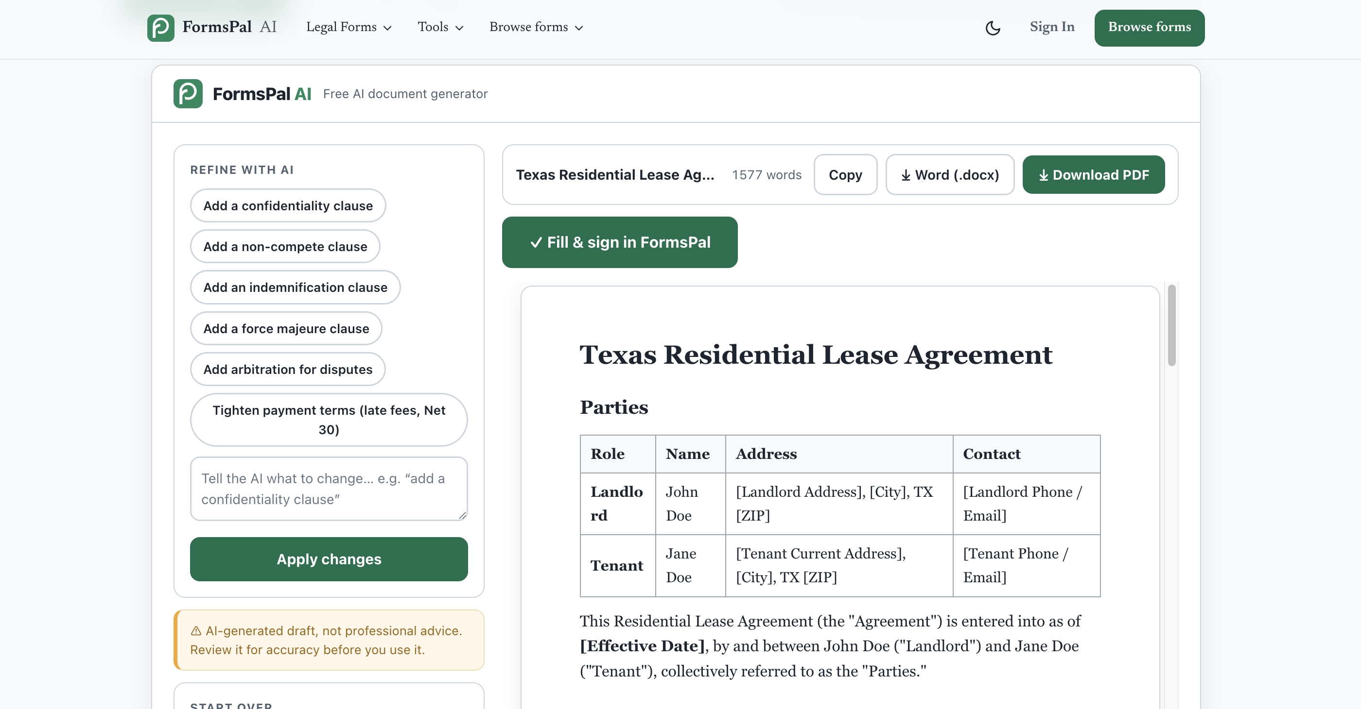 FormsPal AI generator lease agreement