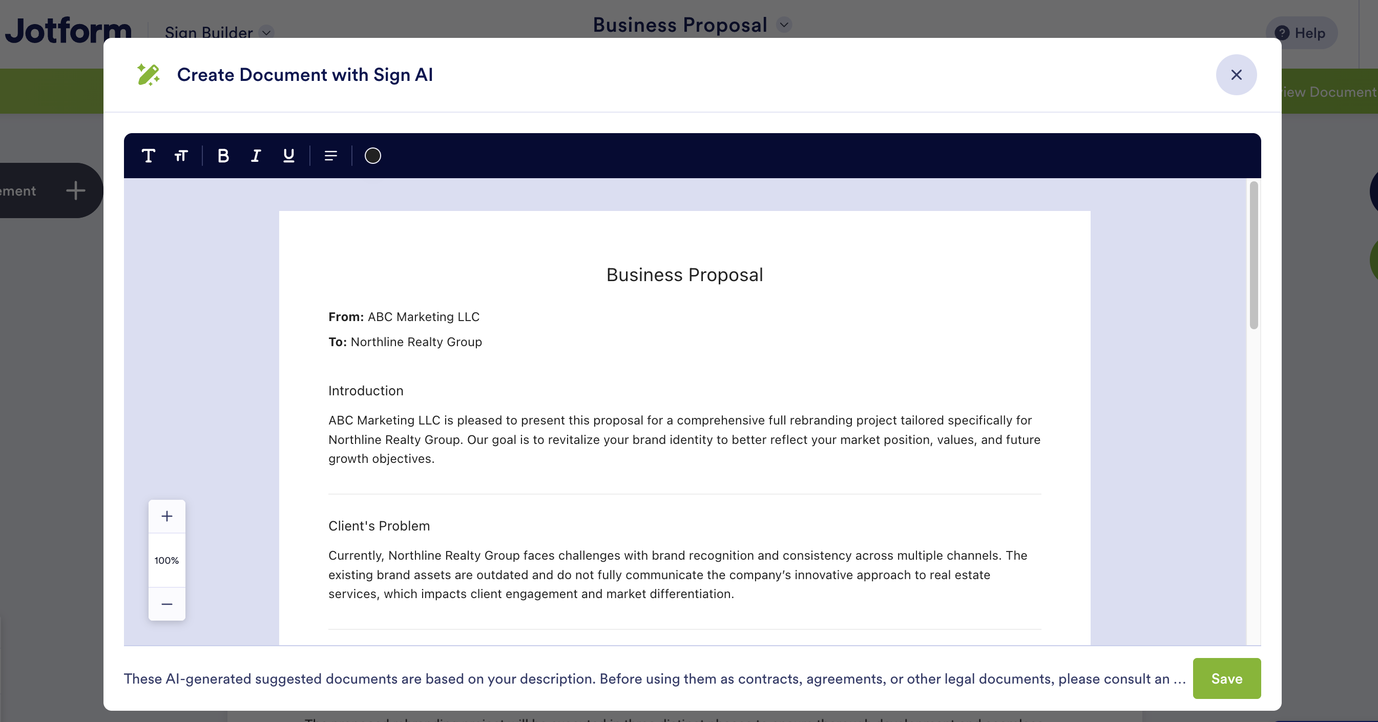 Jotform Sign AI editor