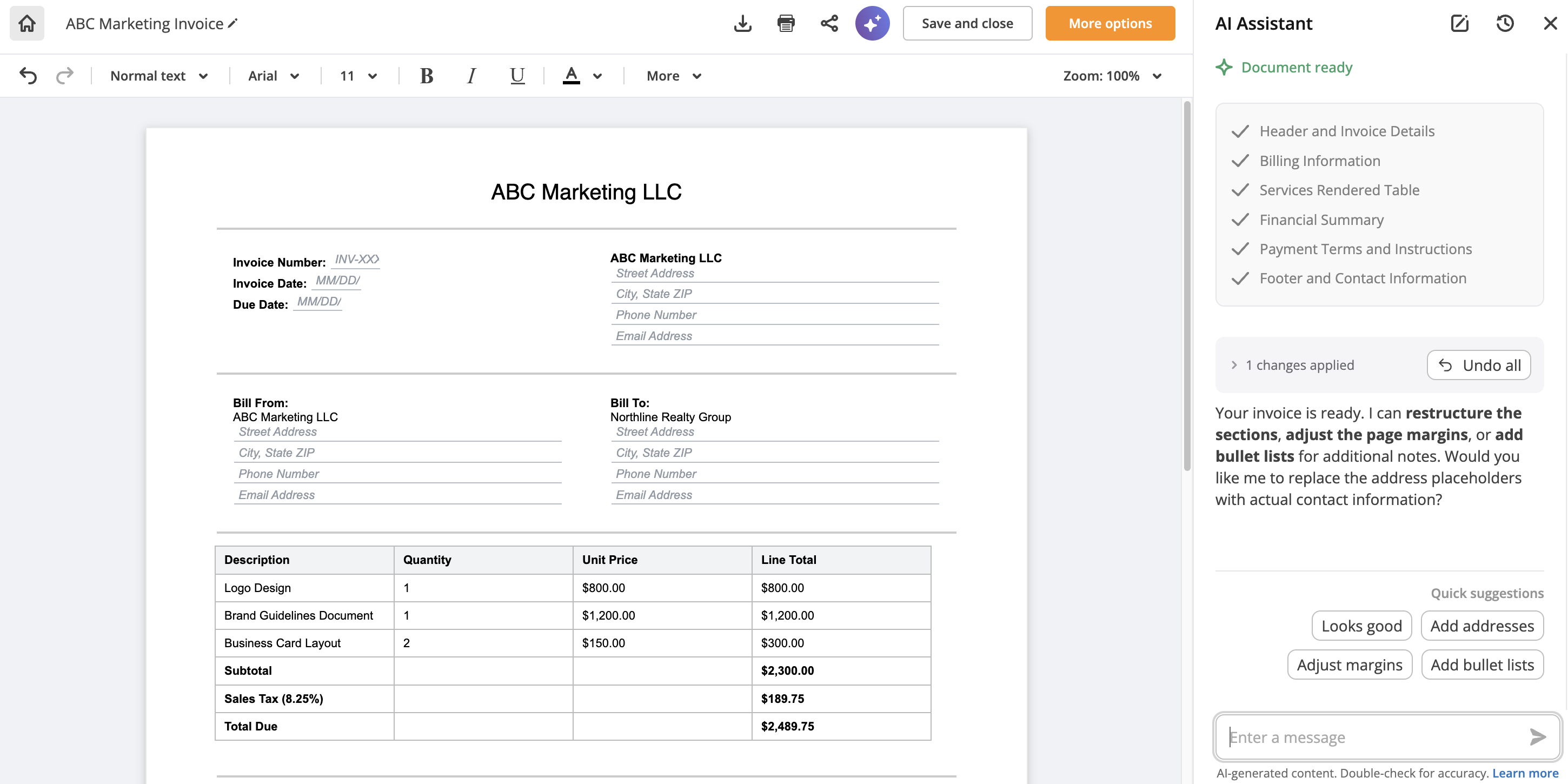 pdfFiller AI invoice