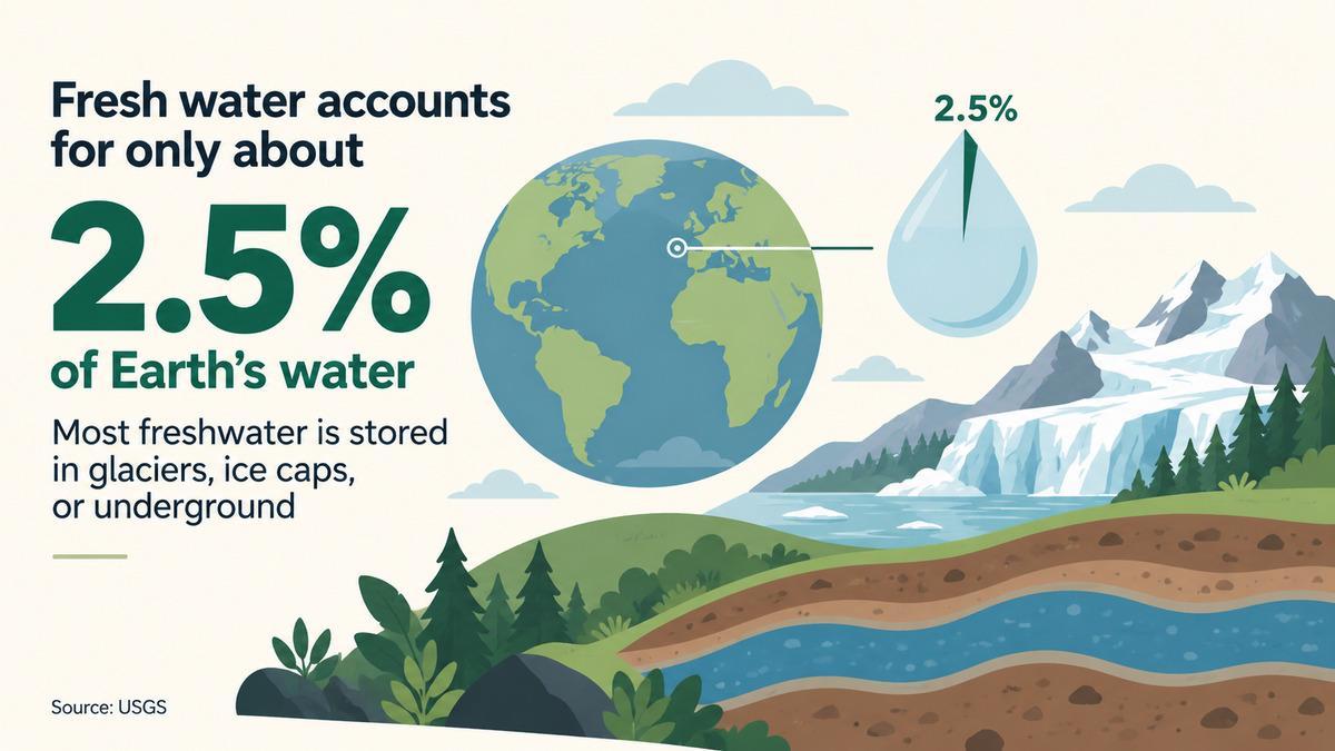 Fresh water mostly locked in ice and groundwater