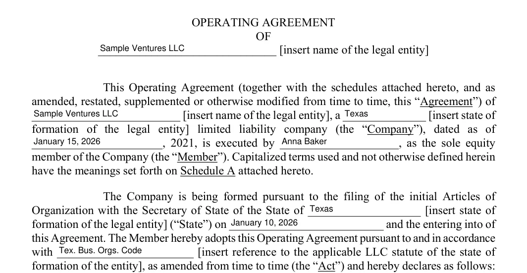 Texas LLC operating agreement preamble with the company name, state, date and Member filled in